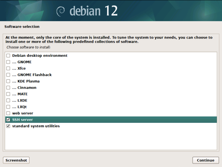 A screenshot of the Debian 12 install page with SSH Server and standard system utilities checked
