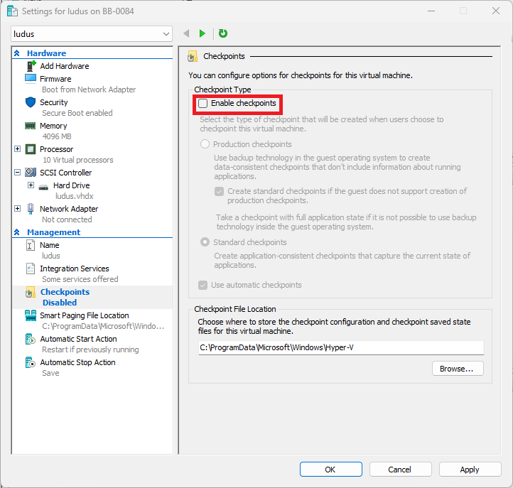 Hyper-V Disable Checkpoints